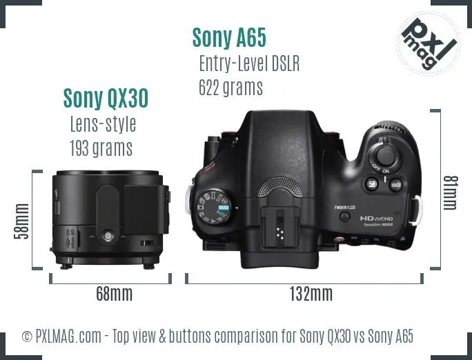 Sony QX30 vs Sony A65 top view buttons comparison