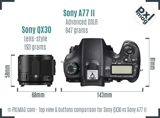 Sony QX30 vs Sony A77 II top view buttons comparison