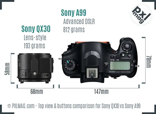 Sony QX30 vs Sony A99 top view buttons comparison