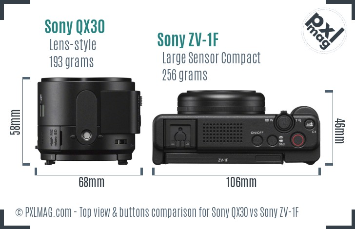 Sony QX30 vs Sony ZV-1F top view buttons comparison
