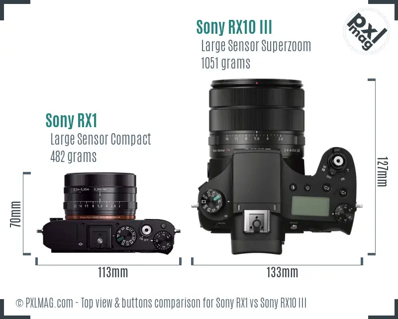 Sony RX1 vs Sony RX10 III top view buttons comparison