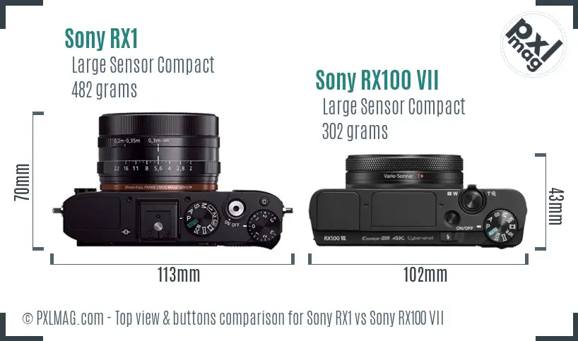 Sony RX1 vs Sony RX100 VII top view buttons comparison