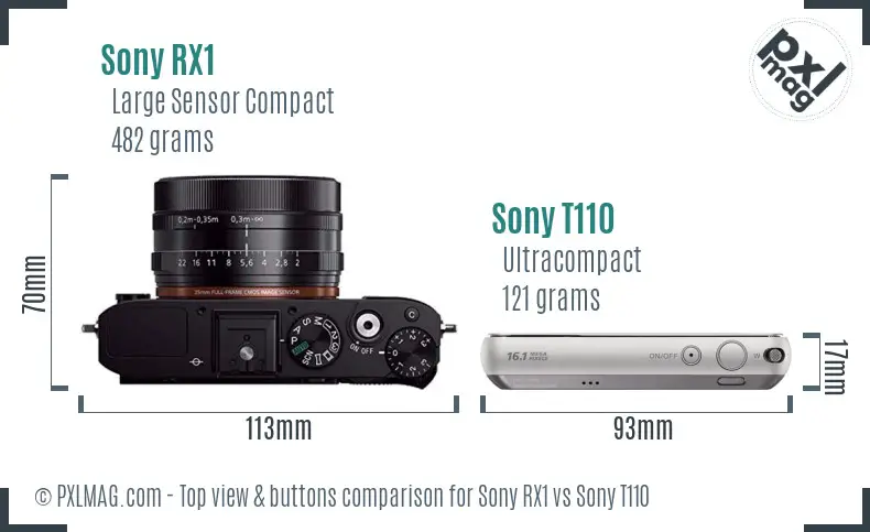Sony RX1 vs Sony T110 top view buttons comparison