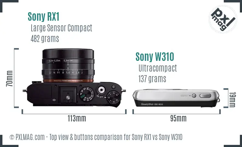 Sony RX1 vs Sony W310 top view buttons comparison