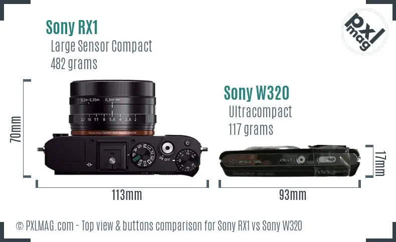 Sony RX1 vs Sony W320 top view buttons comparison