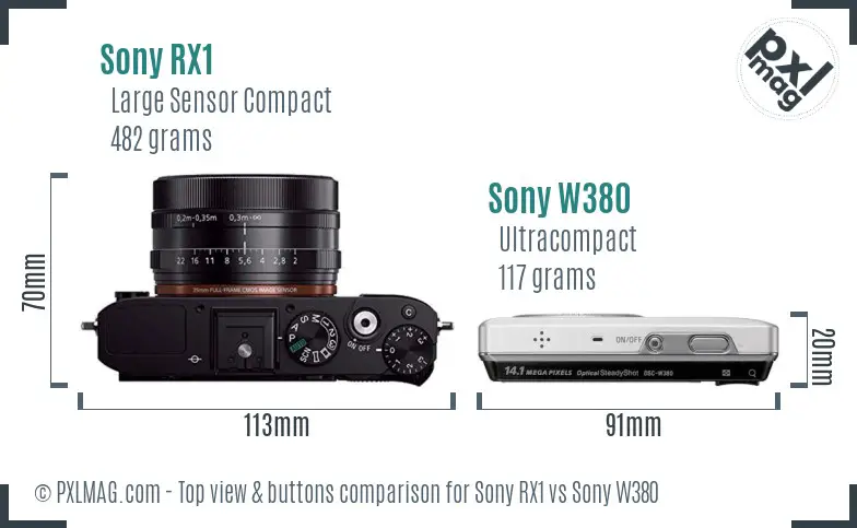Sony RX1 vs Sony W380 top view buttons comparison