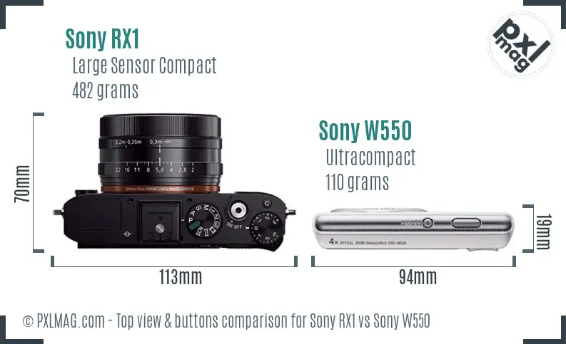 Sony RX1 vs Sony W550 top view buttons comparison