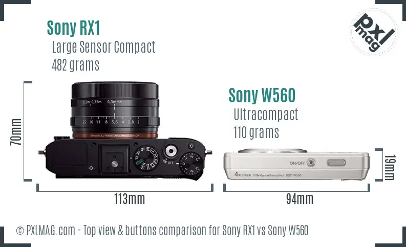 Sony RX1 vs Sony W560 top view buttons comparison