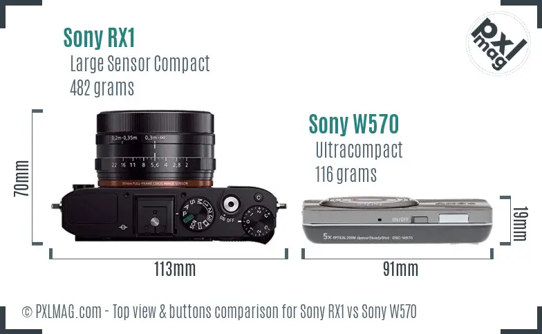 Sony RX1 vs Sony W570 top view buttons comparison
