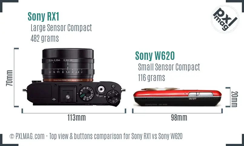 Sony RX1 vs Sony W620 top view buttons comparison