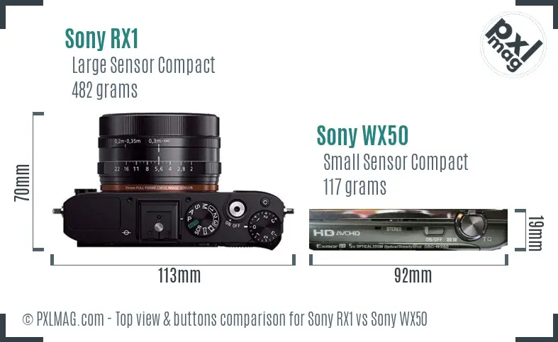 Sony RX1 vs Sony WX50 top view buttons comparison
