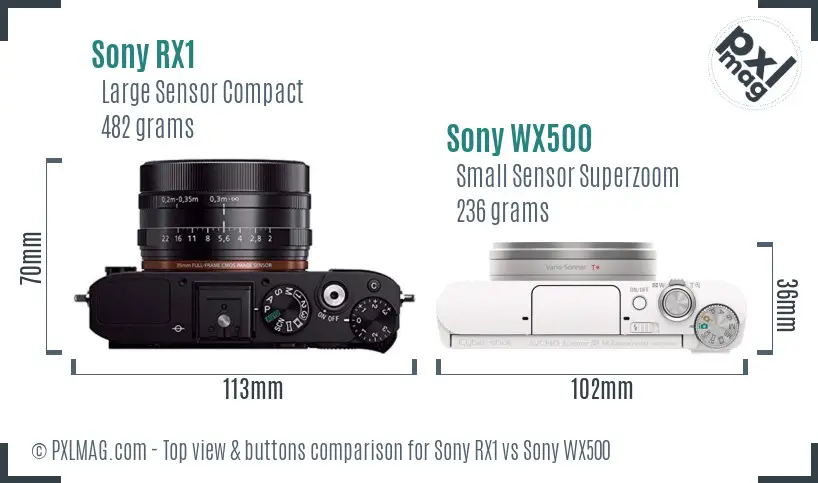 Sony RX1 vs Sony WX500 top view buttons comparison