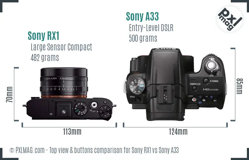 Sony RX1 vs Sony A33 top view buttons comparison