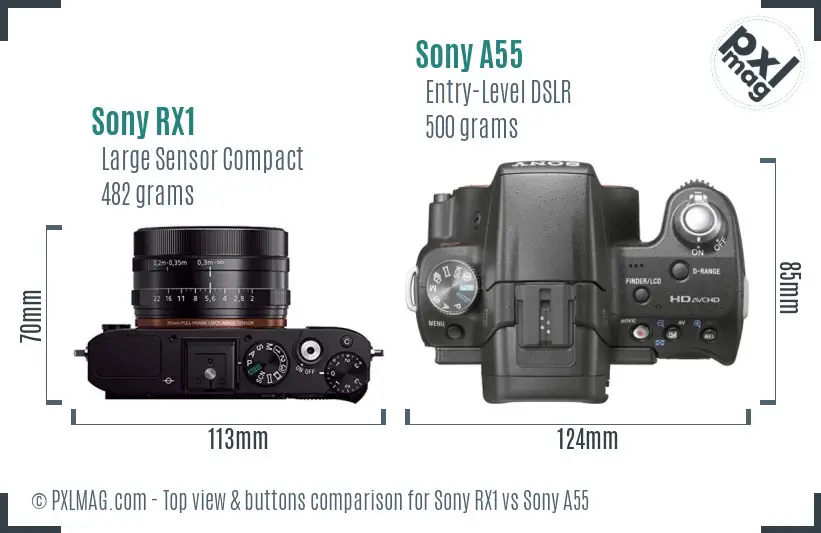 Sony RX1 vs Sony A55 top view buttons comparison
