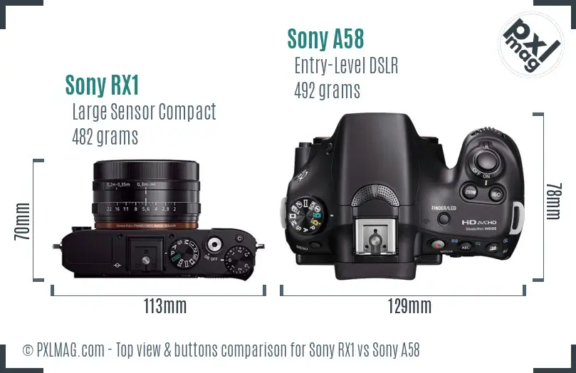 Sony RX1 vs Sony A58 top view buttons comparison