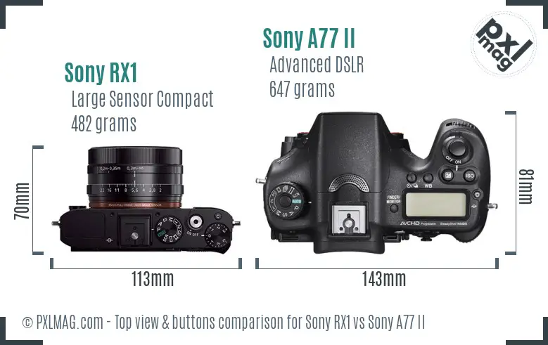 Sony RX1 vs Sony A77 II top view buttons comparison