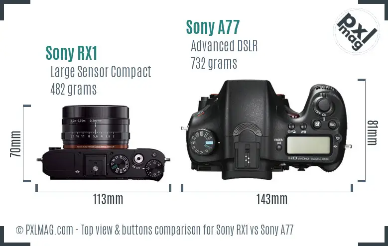Sony RX1 vs Sony A77 top view buttons comparison