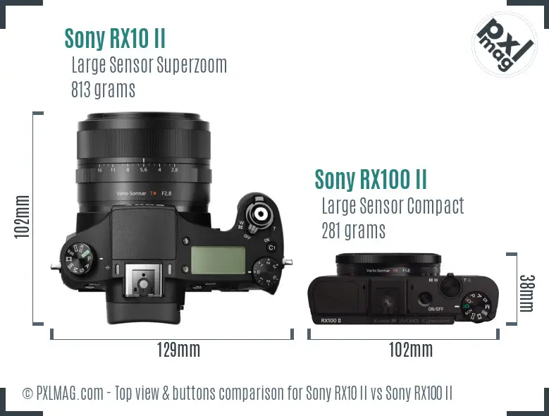 Sony RX10 II vs Sony RX100 II top view buttons comparison