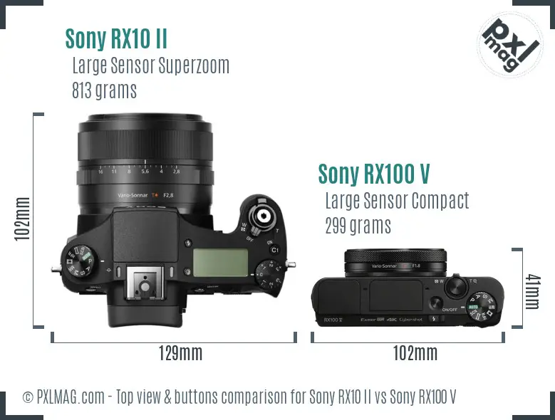 Sony RX10 II vs Sony RX100 V top view buttons comparison