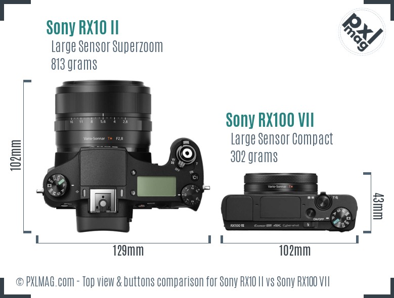 Sony RX10 II vs Sony RX100 VII top view buttons comparison