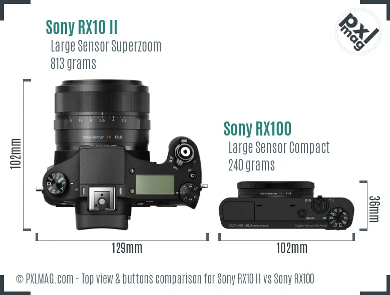 Sony RX10 II vs Sony RX100 top view buttons comparison