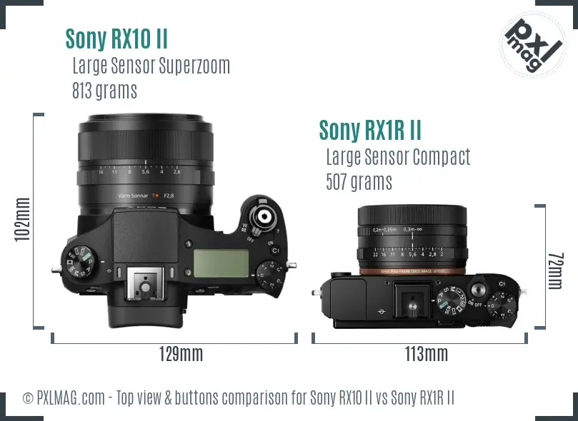 Sony RX10 II vs Sony RX1R II top view buttons comparison