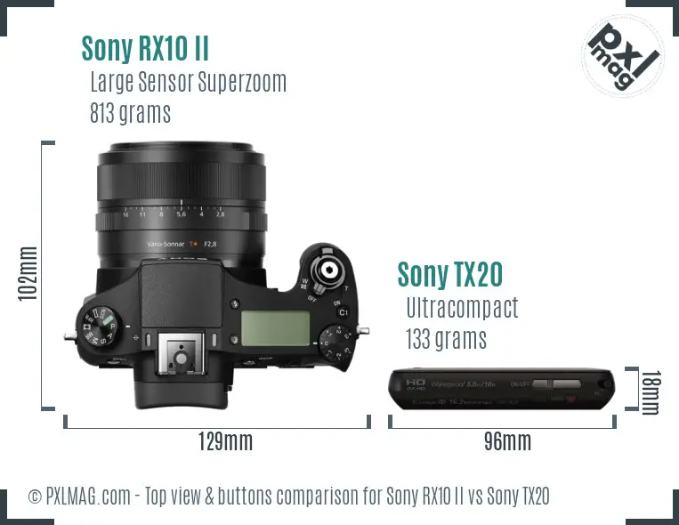 Sony RX10 II vs Sony TX20 top view buttons comparison