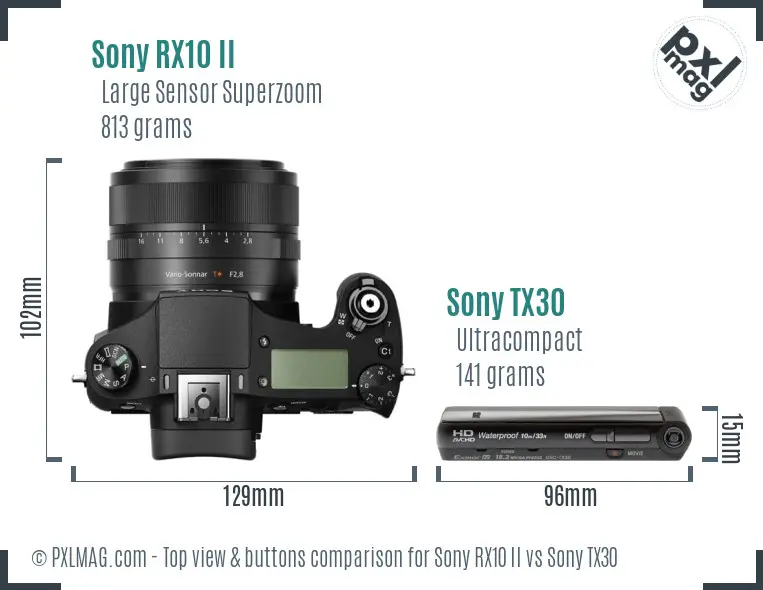 Sony RX10 II vs Sony TX30 top view buttons comparison