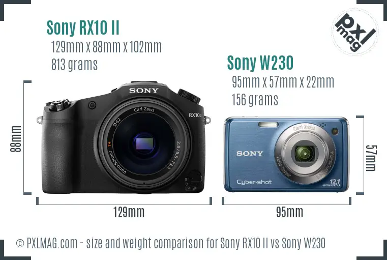 Sony RX10 II vs Sony W230 size comparison