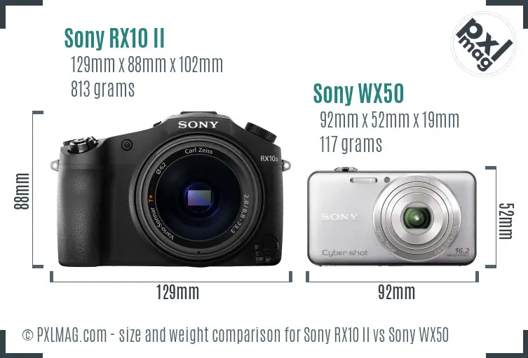 Sony RX10 II vs Sony WX50 size comparison