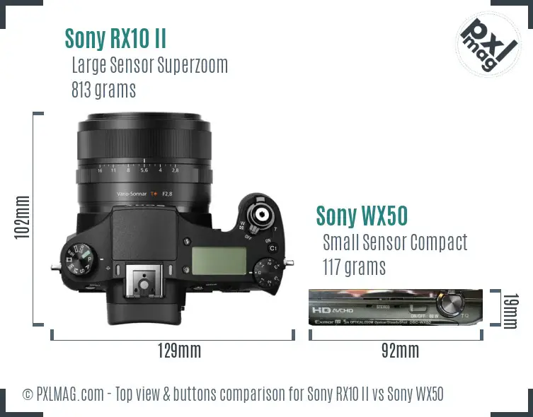 Sony RX10 II vs Sony WX50 top view buttons comparison