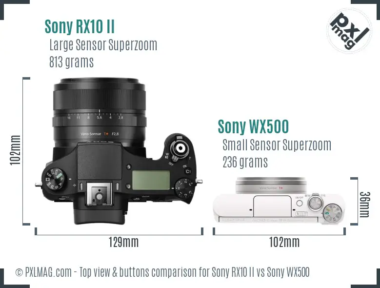Sony RX10 II vs Sony WX500 top view buttons comparison