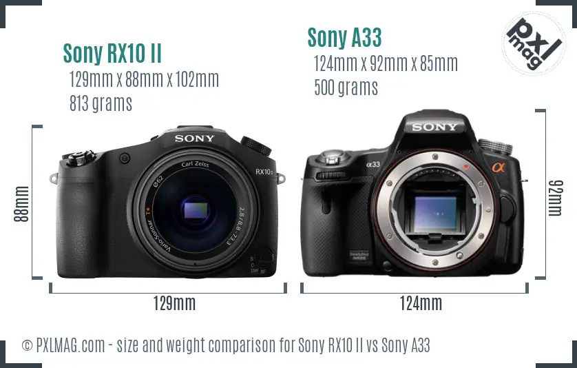Sony RX10 II vs Sony A33 size comparison