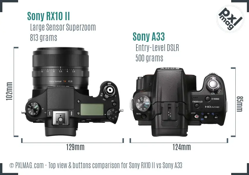 Sony RX10 II vs Sony A33 top view buttons comparison