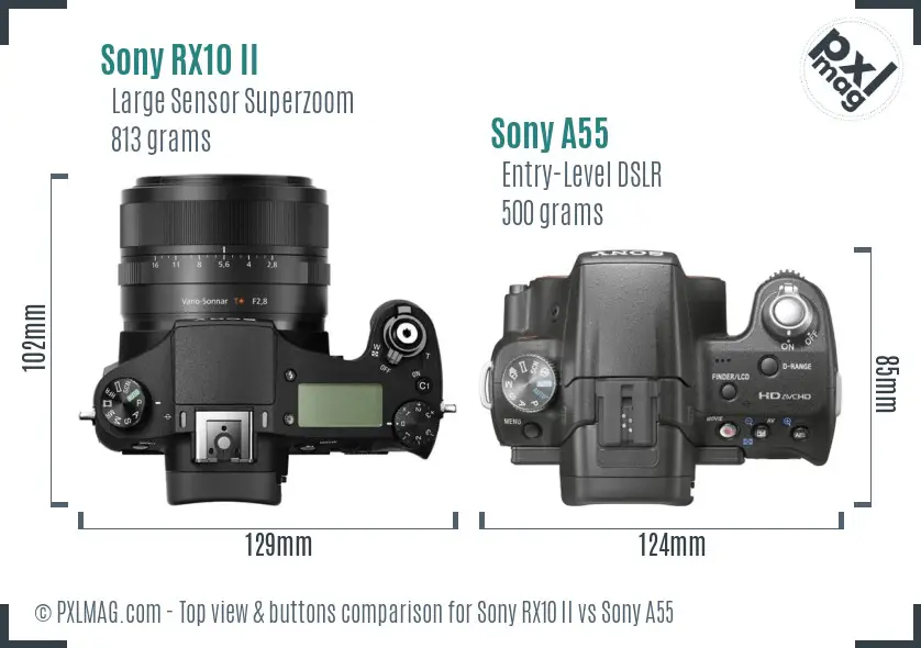 Sony RX10 II vs Sony A55 top view buttons comparison