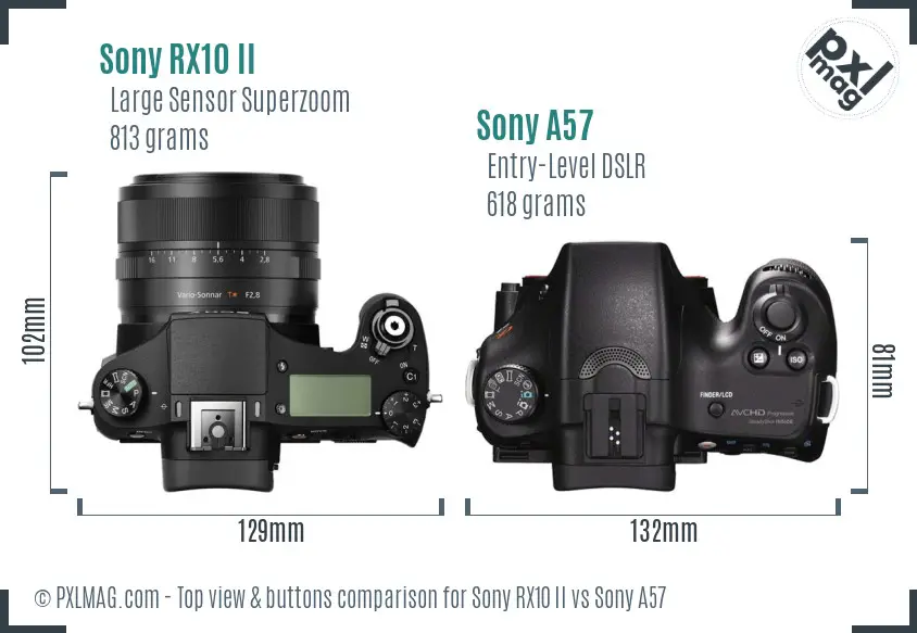 Sony RX10 II vs Sony A57 top view buttons comparison
