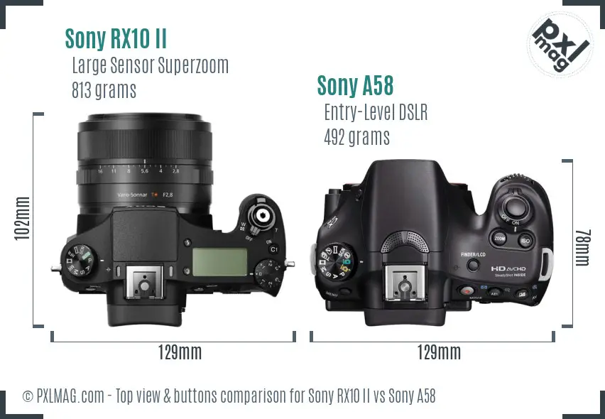 Sony RX10 II vs Sony A58 top view buttons comparison