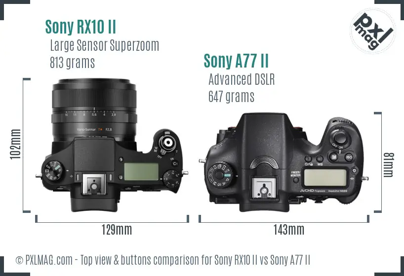 Sony RX10 II vs Sony A77 II top view buttons comparison