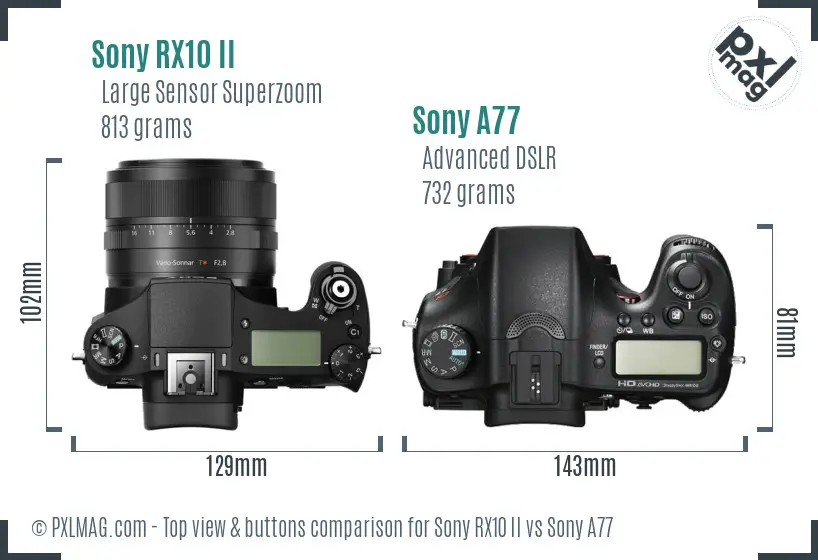 Sony RX10 II vs Sony A77 top view buttons comparison