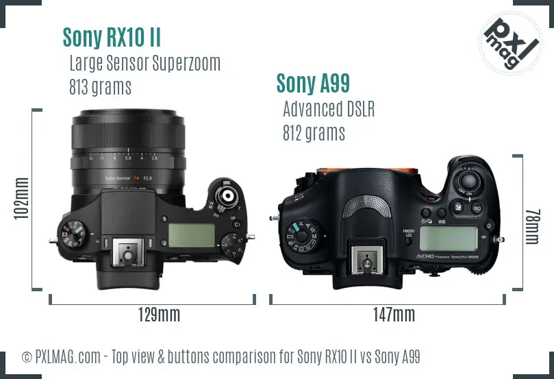 Sony RX10 II vs Sony A99 top view buttons comparison