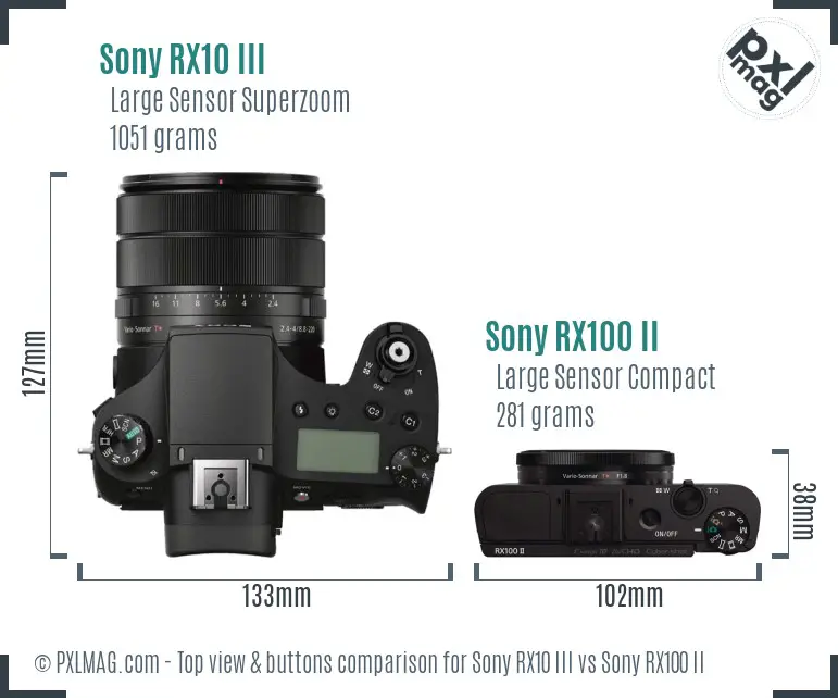 Sony RX10 III vs Sony RX100 II top view buttons comparison