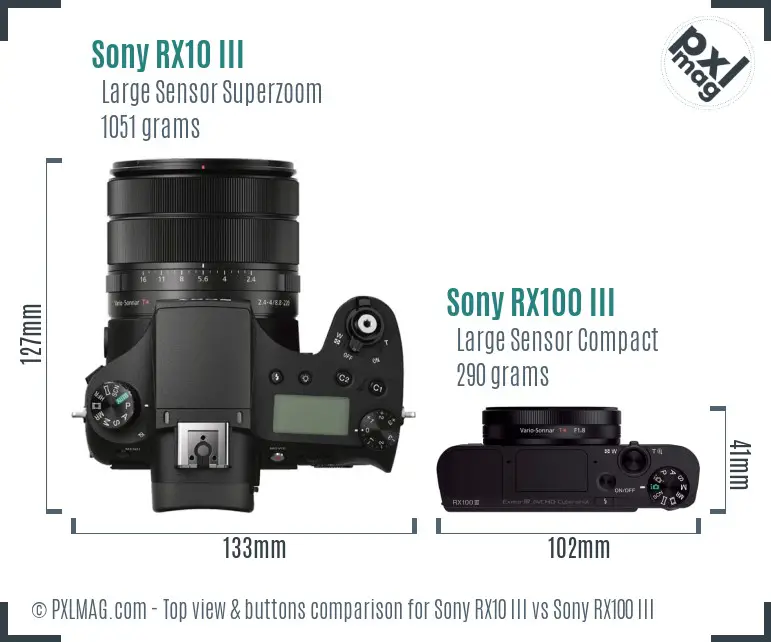 Sony RX10 III vs Sony RX100 III top view buttons comparison