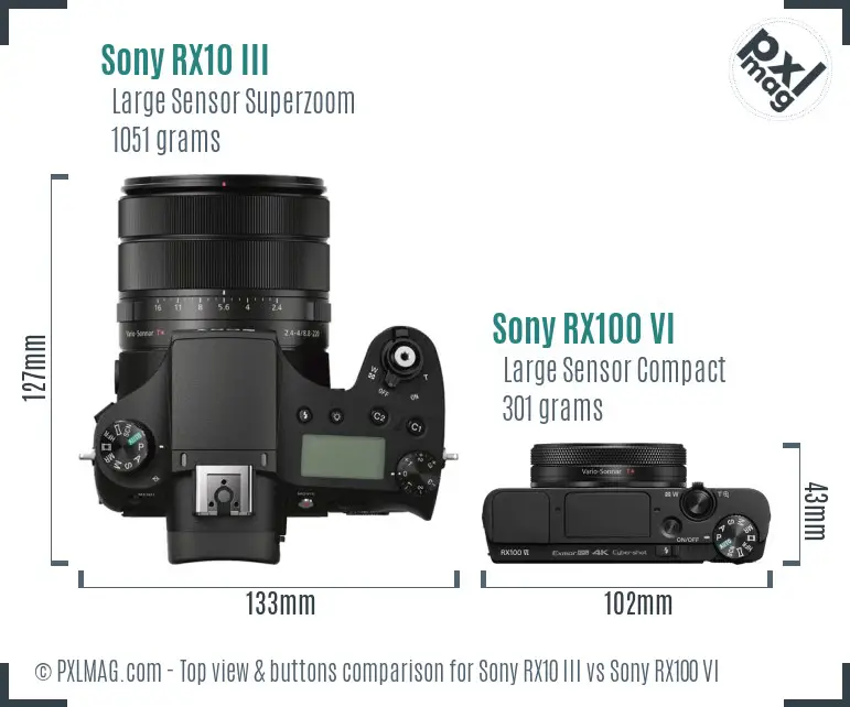 Sony RX10 III vs Sony RX100 VI top view buttons comparison
