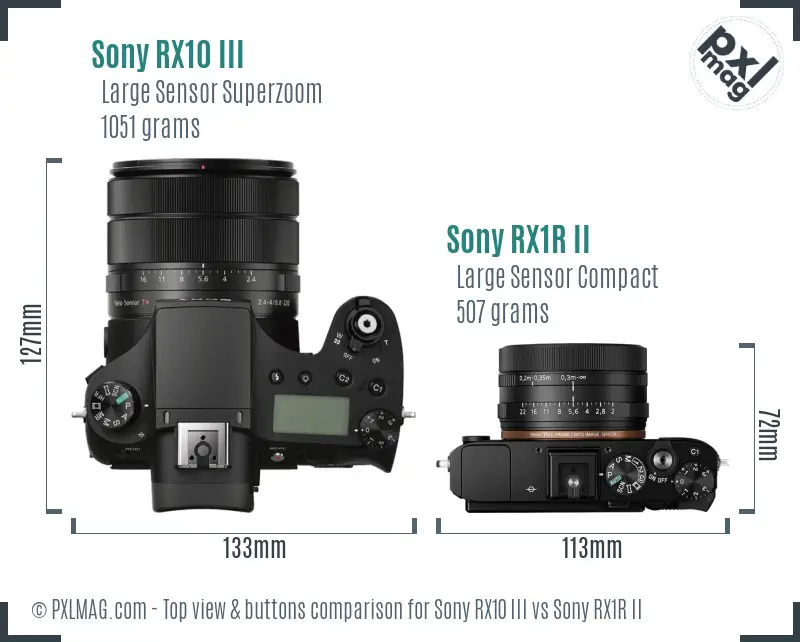 Sony RX10 III vs Sony RX1R II top view buttons comparison