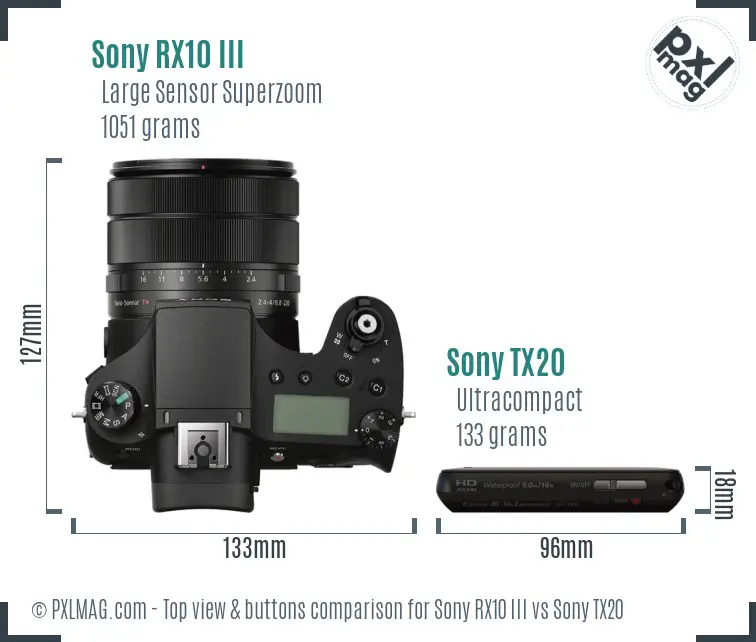 Sony RX10 III vs Sony TX20 top view buttons comparison