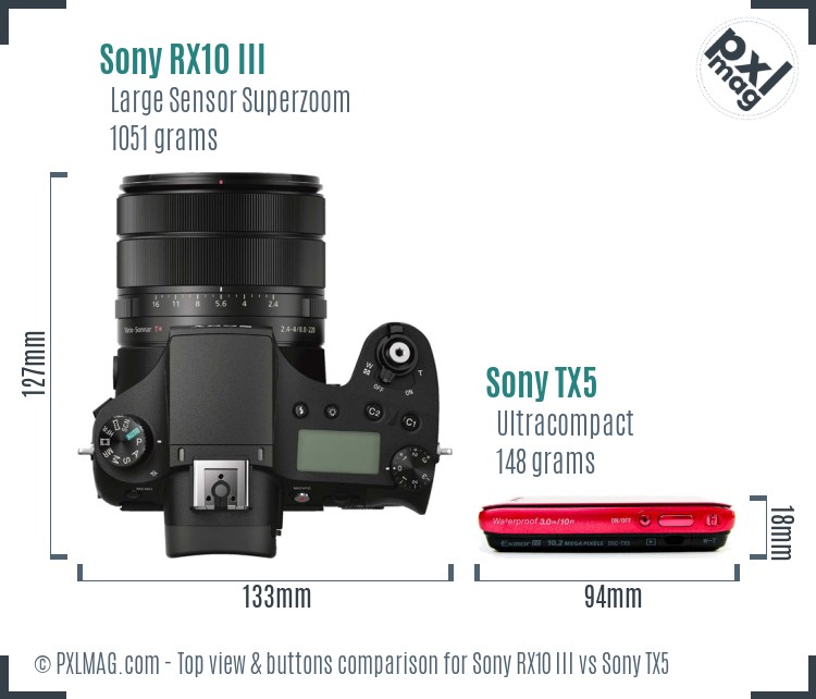 Sony RX10 III vs Sony TX5 top view buttons comparison