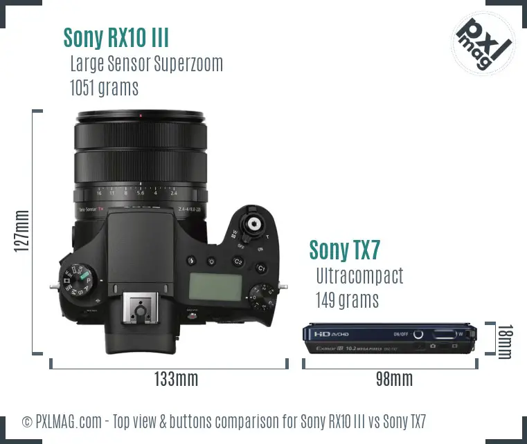 Sony RX10 III vs Sony TX7 top view buttons comparison