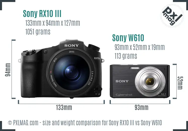 Sony RX10 III vs Sony W610 size comparison