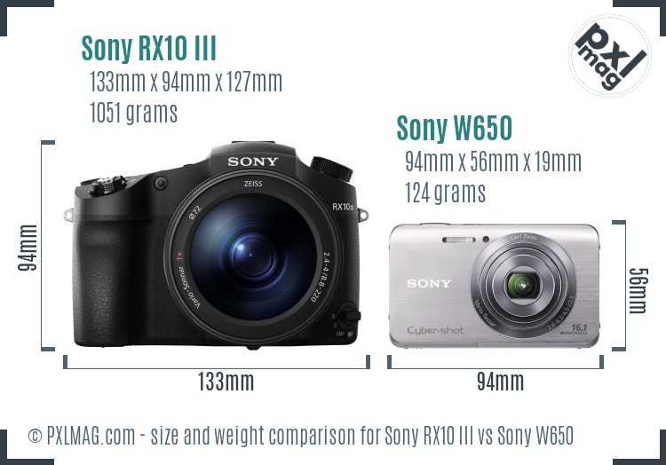 Sony RX10 III vs Sony W650 size comparison