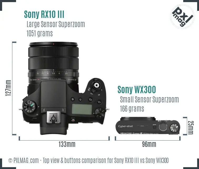 Sony RX10 III vs Sony WX300 top view buttons comparison